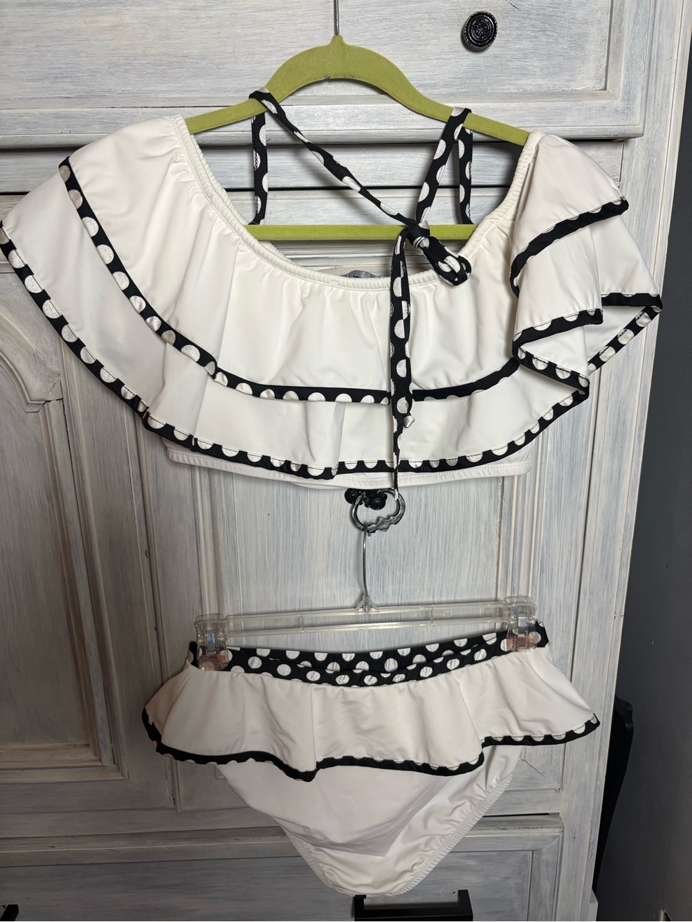 Rue 107 White Black Polka Dot Frilly Ruffles High Waist Bikini Curvy Flattering - Picture 7 of 10